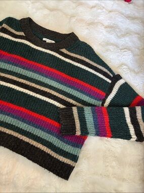 American Eagle Outfitters Dark Green Waffle Knit Crew with Colorful Stripes